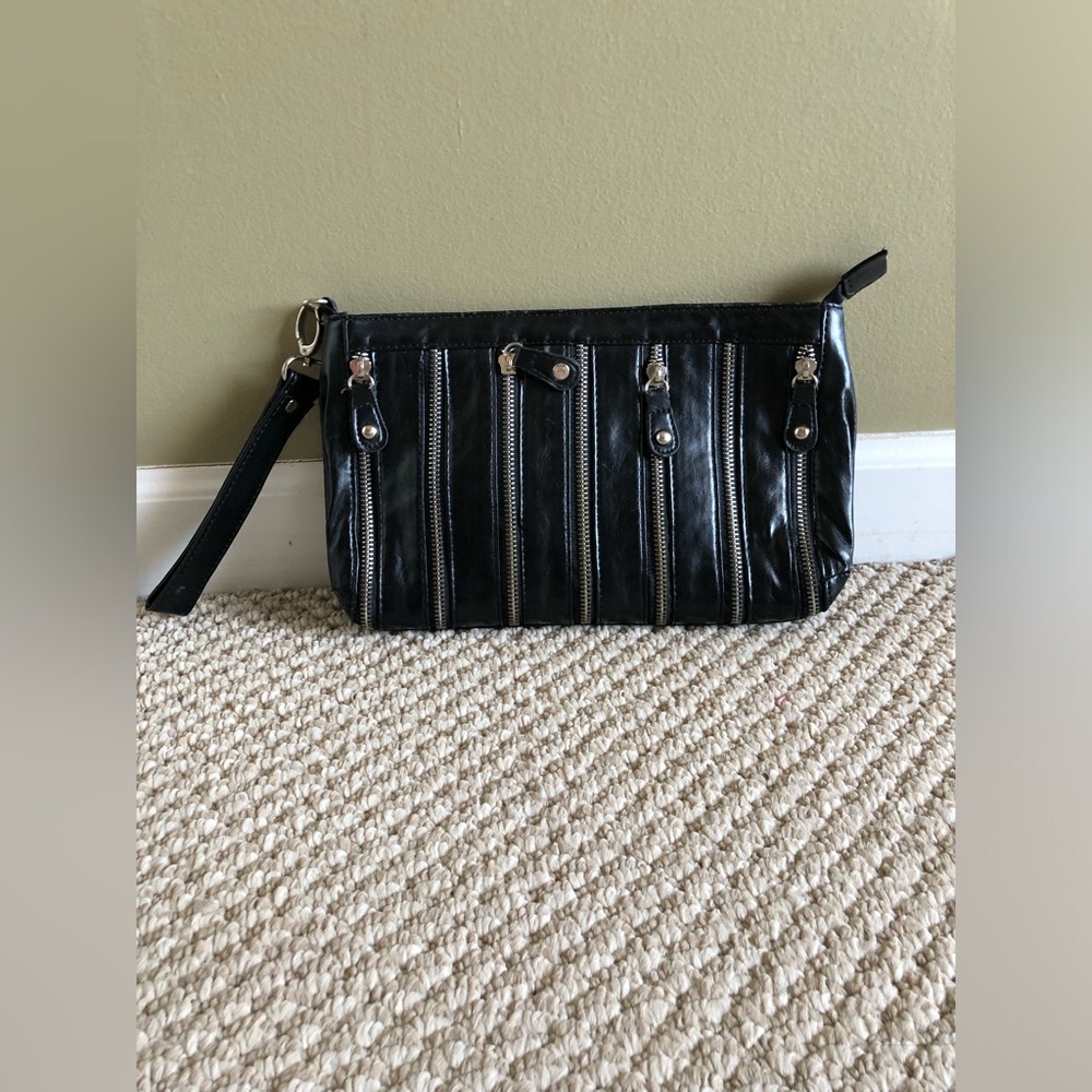 Black Faux Leather Multi Zipper Edgy Y2K Wristlet Clutch Bag